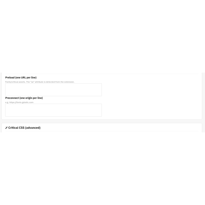 Performance - WebP, lazy load, minify & cache — Preload / Preconnect (back office)