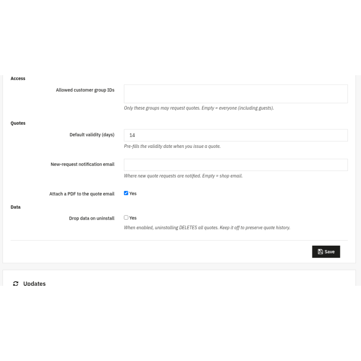 Quote Requests - B2B quotes & hide prices — Settings (back office) [src:cll_quotes__settings_2.png]