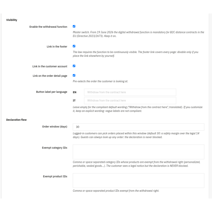 EU Withdrawal Button — Settings (back office)