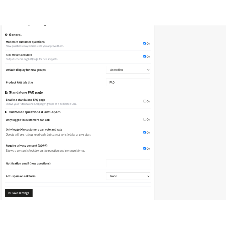 Smart FAQ — Smart FAQ — settings (back office)