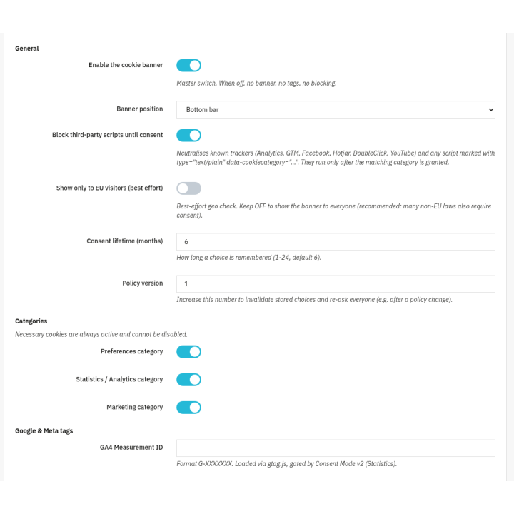 Cookie Consent & Google Consent Mode v2 — Cookie consent settings (back office)