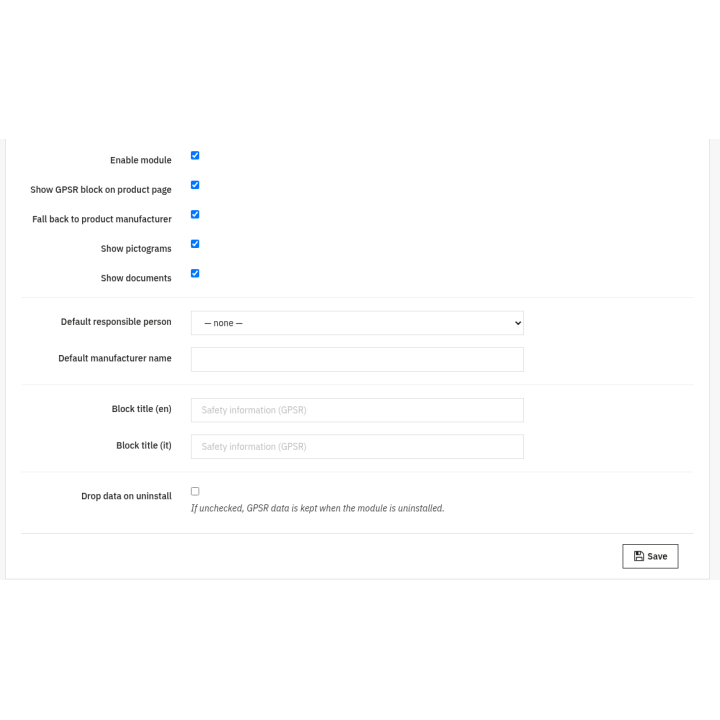 GPSR Product Safety - Regulation (EU) 2023/988 — Settings (back office)
