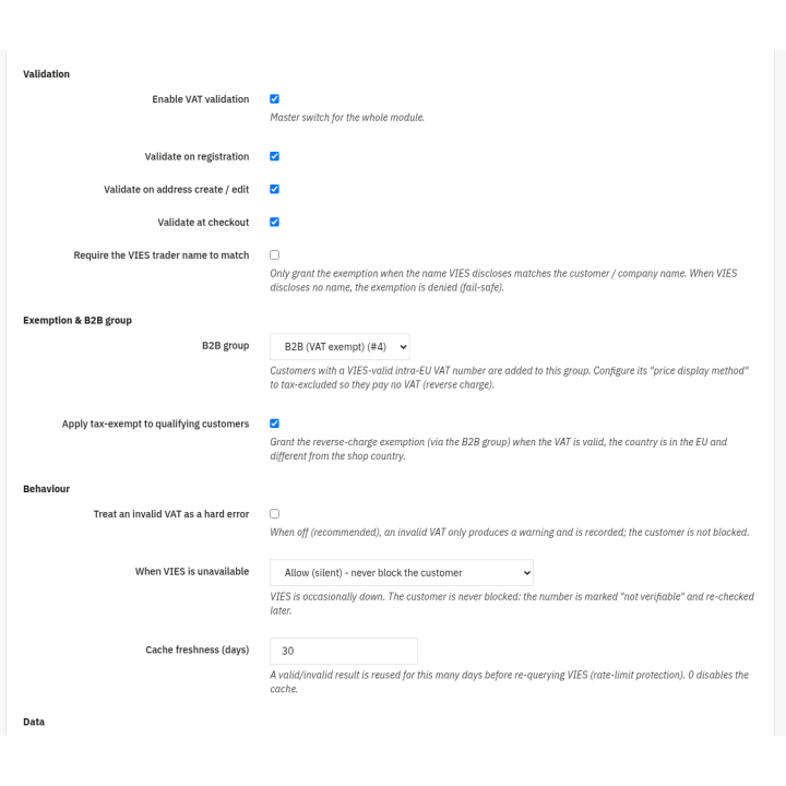 B2B VAT - VIES validation & intra-EU reverse charge — Settings (back office)