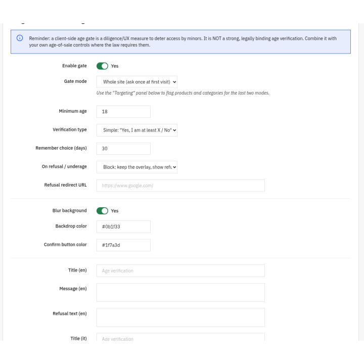 Age Verification Gate (18+ / configurable) — Age Verification - Settings (back office)
