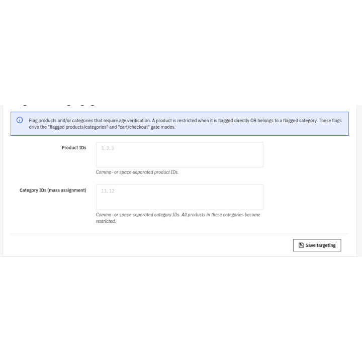 Age Verification Gate (18+ / configurable) — Age-restricted targeting (back office)