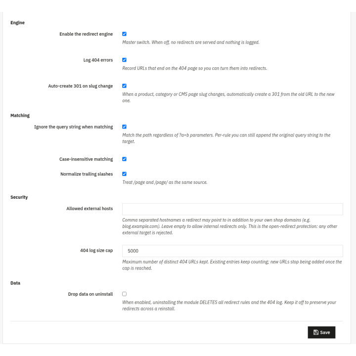 SEO Redirects - 301/302/404 manager — Settings (back office)
