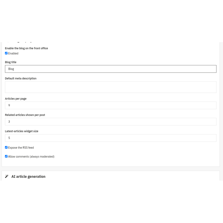 Blog & News with AI article generation — Blog display (back office)
