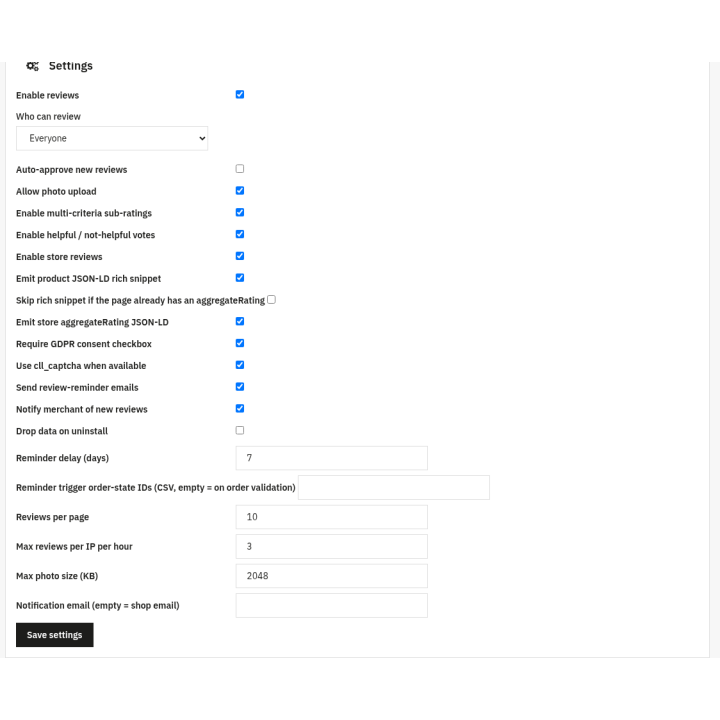 Product & Store Reviews with Google Rich Snippets — Settings (back office)