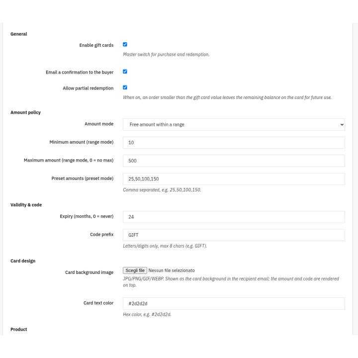 Gift Cards — Settings (back office)