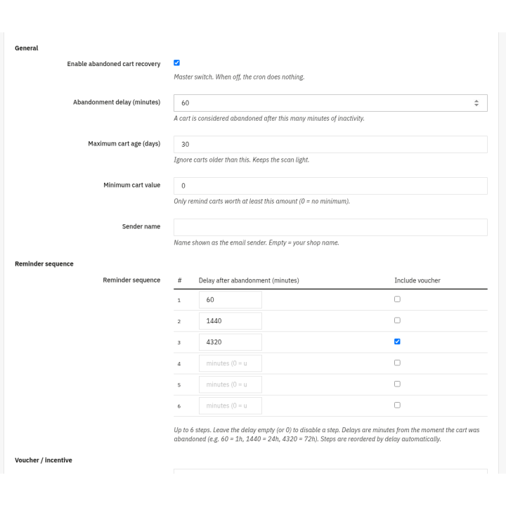 Abandoned Cart Recovery — Settings (back office)