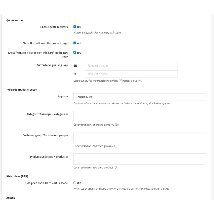 Quote Requests - B2B quotes & hide prices — Settings (back office)