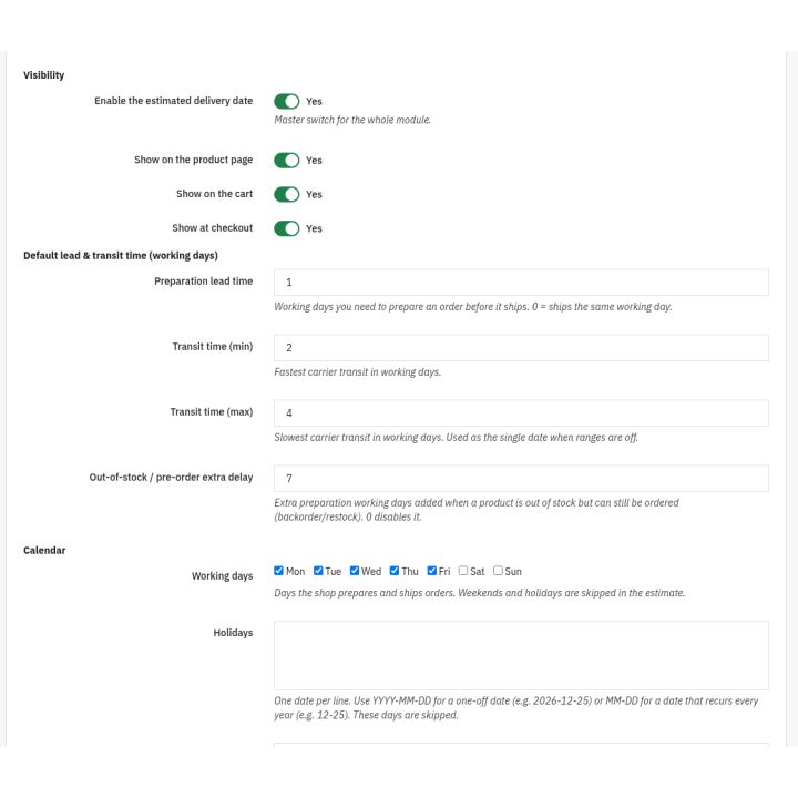 Estimated Delivery Date & Shipping Countdown — Settings (back office)