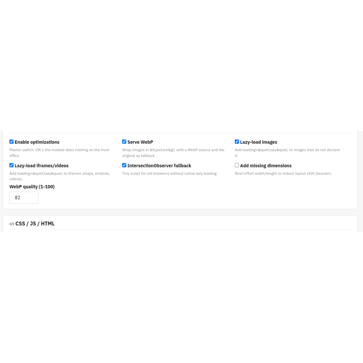 Performance - WebP, lazy load, minify & cache — General & Images (back office)
