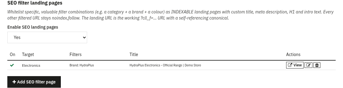 Scheda Pagine filtrate SEO